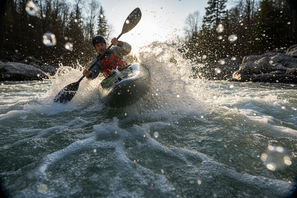 Extreme kayaking up close, perspective, youre in the water watching as a kayak comes at you down crazy rapids, starting from the left side of the picture