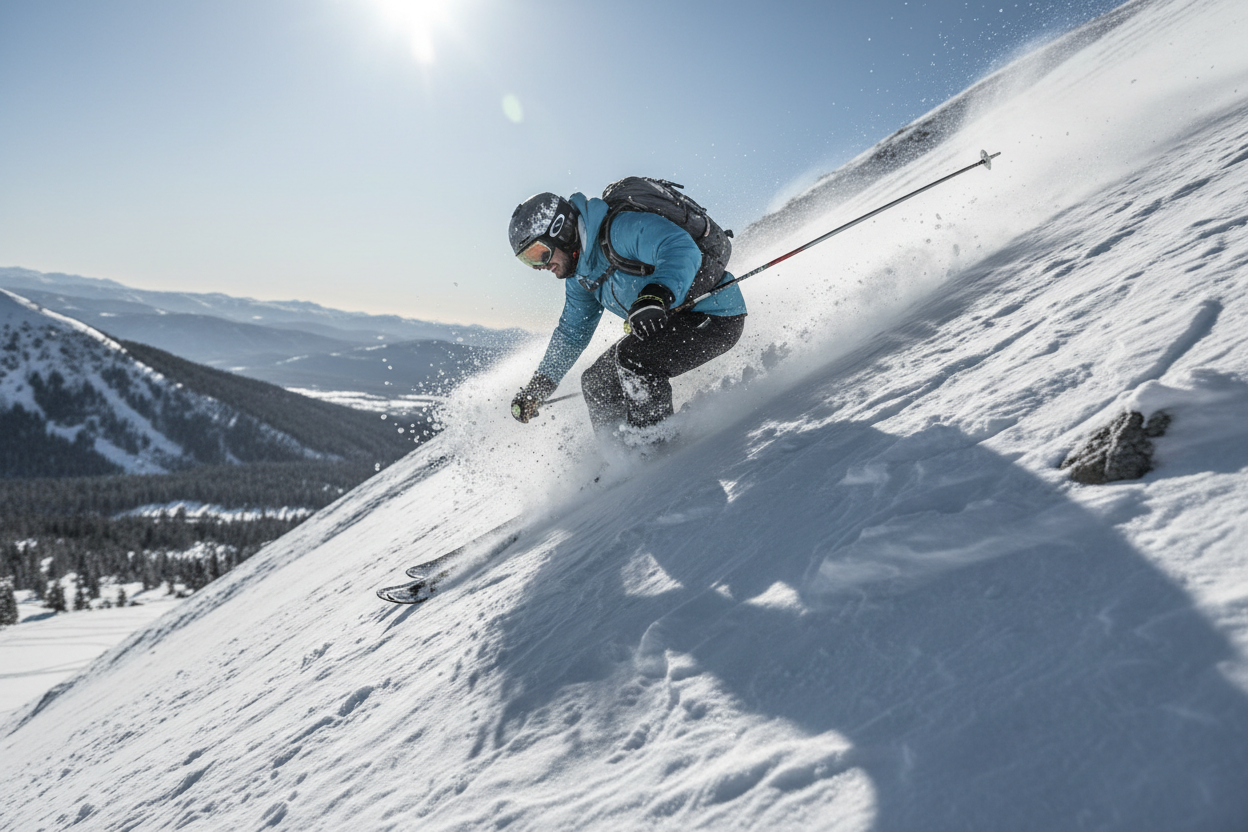 up close to a skiier shredding down a mountain covered in hard pack snow